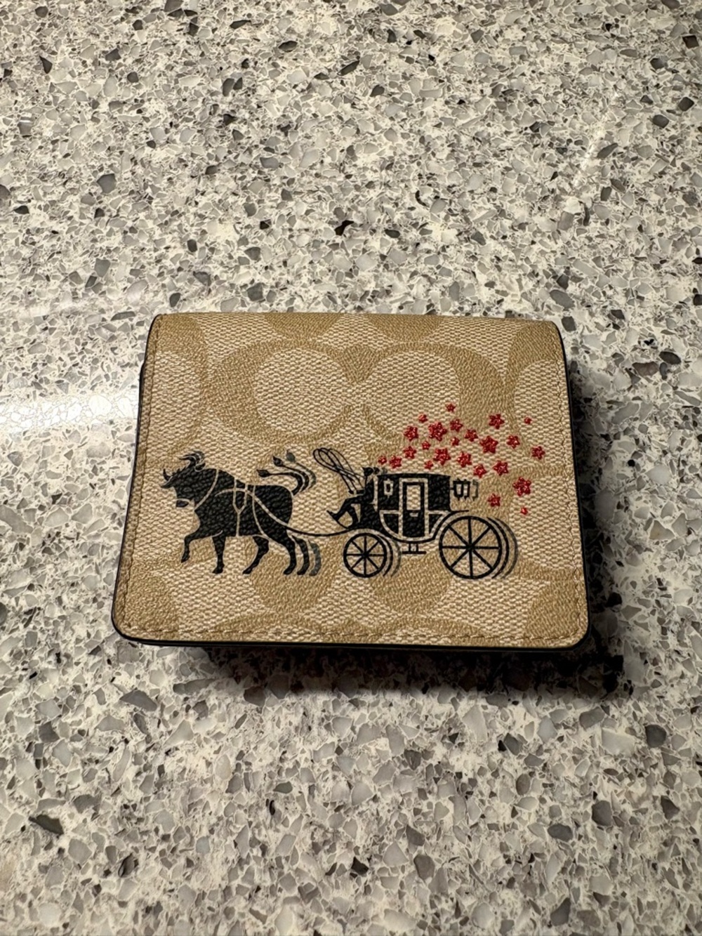 Coach Leather Wallet With Signature Logo Print Tan/red/black